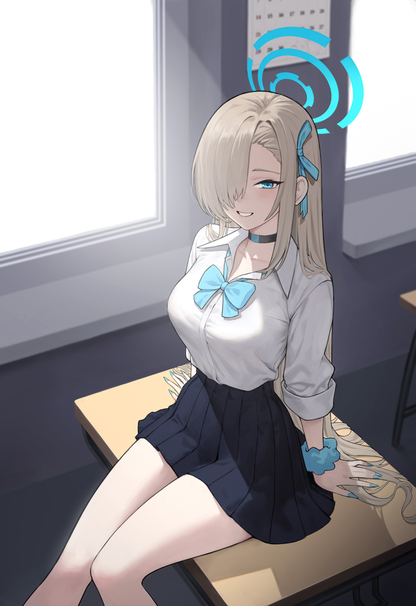 1girl, asuna_(blue_archive), asuna_(school_uniform)_(blue_archive), black_choker, black_skirt, blonde_hair, blue_archive, blue_bow
