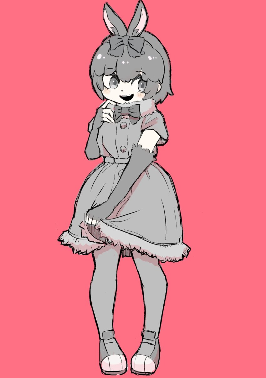 1girl, amami_rabbit_(kemono_friends), animal_ears, black_bow, black_bowtie, black_dress, black_eyes, black_gloves