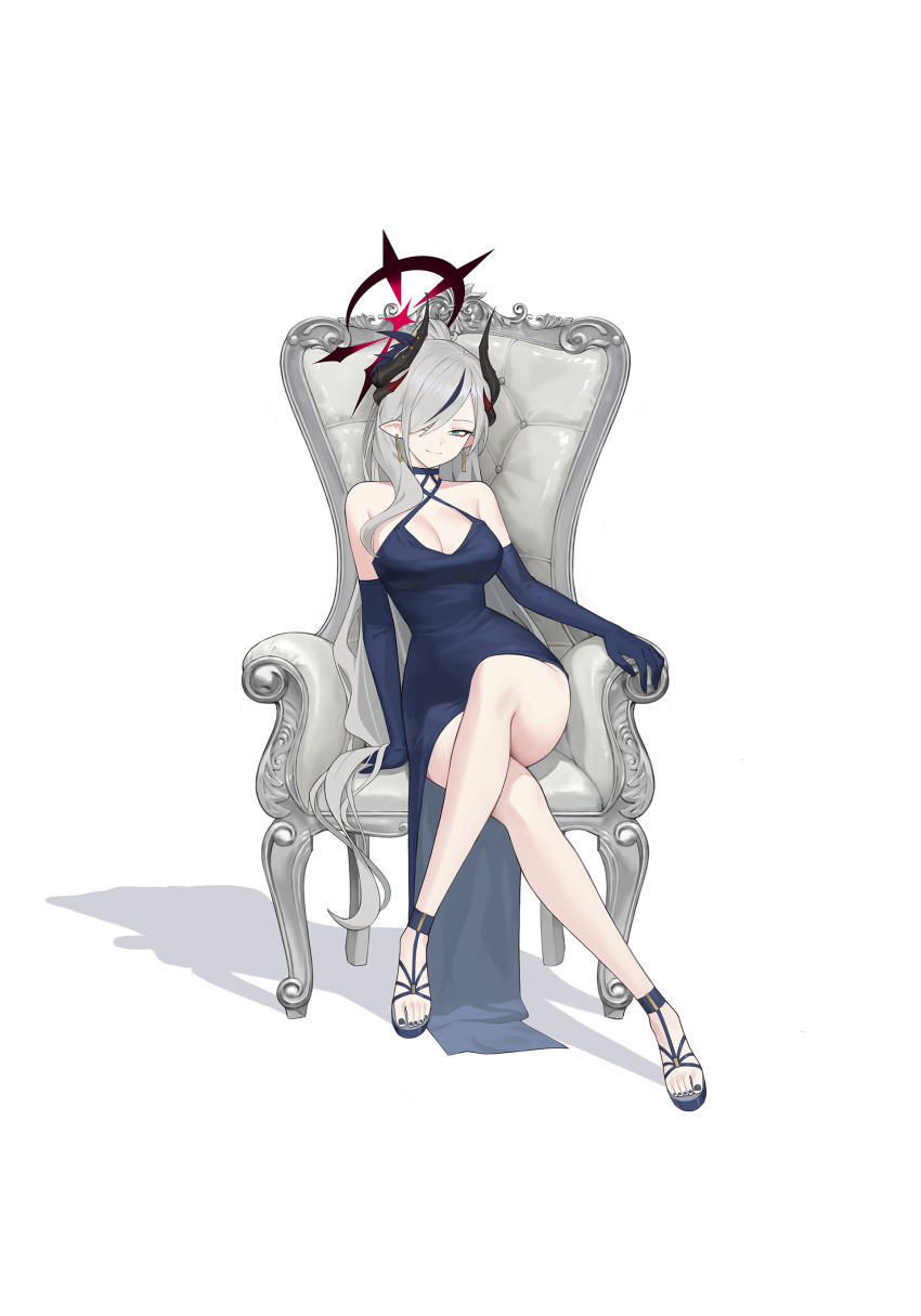 1girl, absurdres, black_nails, blue_archive, blue_dress, blue_eyes, blue_gloves, blue_sandals