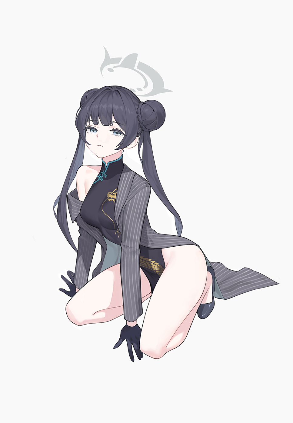 1girl, black_dress, black_gloves, black_hair, black_shoes, blue_archive, closed_mouth, double_bun