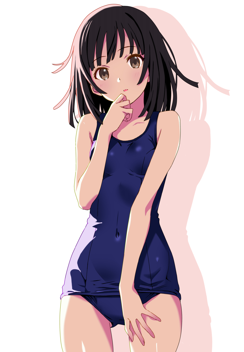 1girl, absurdres, bakemonogatari, black_hair, blue_one-piece_swimsuit, blunt_bangs, breasts, brown_eyes