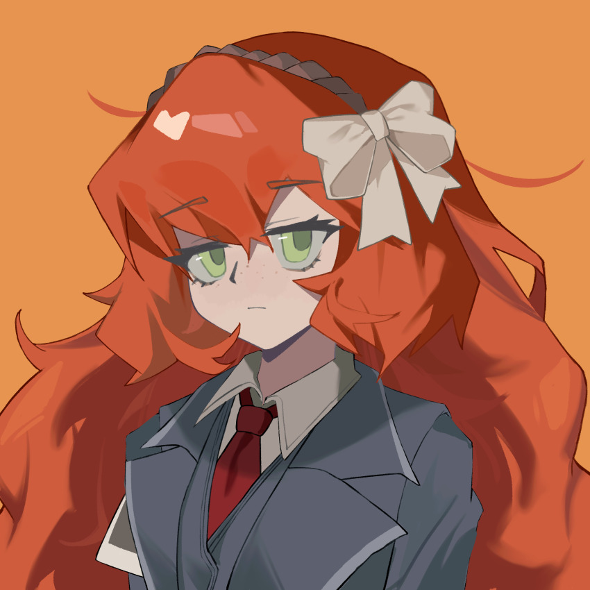 1girl, absurdres, collared_shirt, expressionless, freckles, green_eyes, grey_jacket, grey_vest, highres, ishmael_(project_moon), jacket, lapels, limbus_company, looking_at_viewer, miliniboxx, necktie, orange_background, orange_hair, portrait, project_moon, red_necktie, shirt, solo, vest, white_shirt