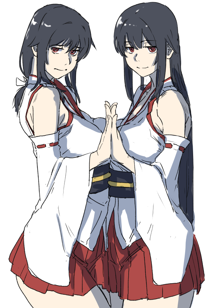 2girls, black_hair, breast_press, breasts, cowboy_shot, detached_sleeves, fusou_(kancolle), fusou_kai_ni_(kancolle)