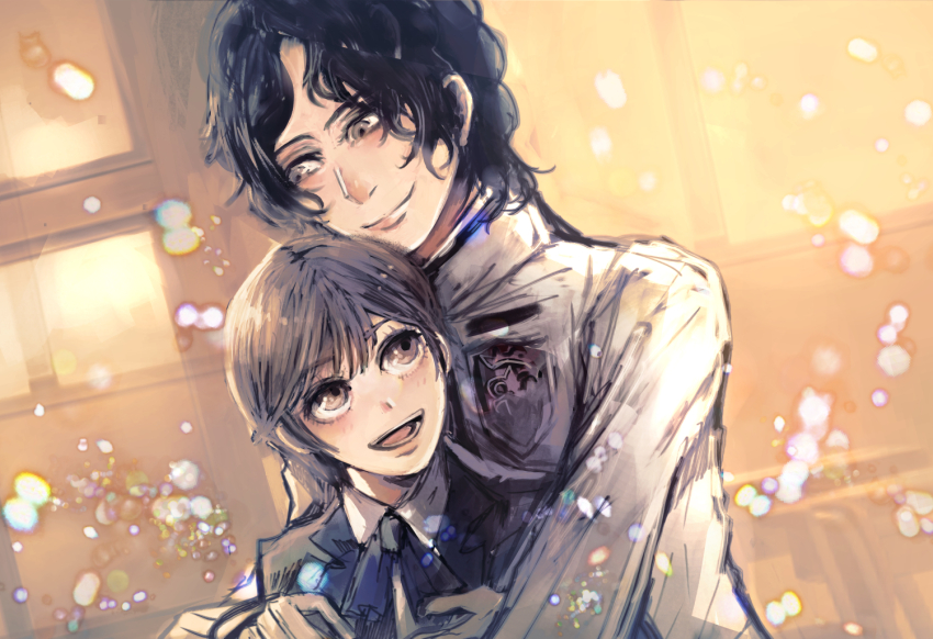 1boy, 1girl, a_withered_flower, blazer, blue_jacket, blue_ribbon, brown_eyes, brown_hair