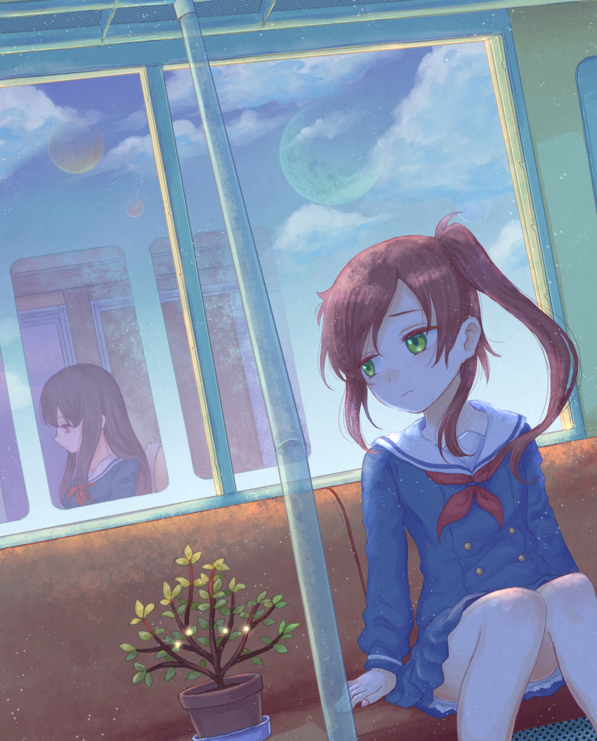 brown_hair, chikura_shizuru, cloud, green_eyes, highres, izuchi_nanchi, nakatomi_yoka, planet, plant, sad, school_uniform, shuumatsu_train_doko_e_iku?, train, window