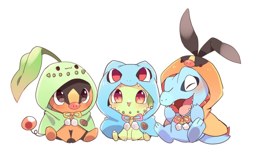 arms_up, black_eyes, blue_skin, blush, character_hood, chikorita, closed_mouth, colored_skin