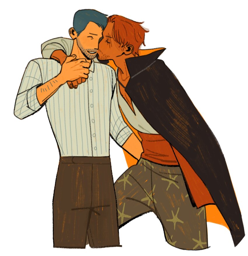 2boys, adam's_apple, alt_text, arm_around_shoulder, black_cape, blue_hair, cape, collared_cape, collared_shirt, commentary, couple, cropped_legs, dress_shirt, english_commentary, hand_on_another's_hand, highres, iceburg, jakkenpoy, kiss, kissing_cheek, male_focus, multiple_boys, one_piece, parted_bangs, parted_lips, patterned_clothing, popped_collar, red_hair, red_sash, sash, scar, scar_across_eye, scar_on_face, shanks_(one_piece), shirt, short_hair, simple_background, striped_clothes, striped_shirt, two-tone_cape, v-neck, vertical-striped_clothes, vertical-striped_shirt, white_background, white_shirt, wing_collar, yaoi