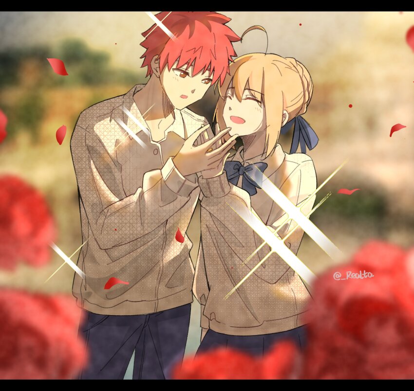 1boy, 1girl, ahoge, artoria_pendragon_(fate), baige_1028, blonde_hair, blue_bow, blue_bowtie, blue_pants, blue_ribbon, blue_skirt, blurry, blurry_background, bow, bowtie, braid, brown_eyes, closed_eyes, collared_shirt, collared_sweater, couple, emiya_shirou, falling_petals, fate/stay_night, fate_(series), flower, hair_between_eyes, hair_bun, hair_ribbon, highres, holding_hands, jewelry, long_hair, looking_at_another, open_mouth, pants, petals, red_flower, red_hair, ribbon, ring, saber_(fate), shirt, short_hair, sidelocks, signature, single_braid, skirt, smile, spiked_hair, sweater, white_shirt, white_sweater