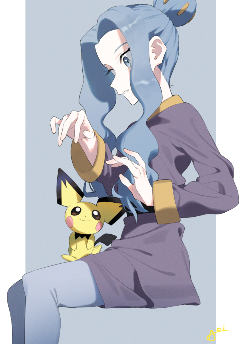 1girl, aoi_(altea0923), commentary_request, dress, gen_2_pokemon, grey_eyes, grey_hair, grey_pantyhose