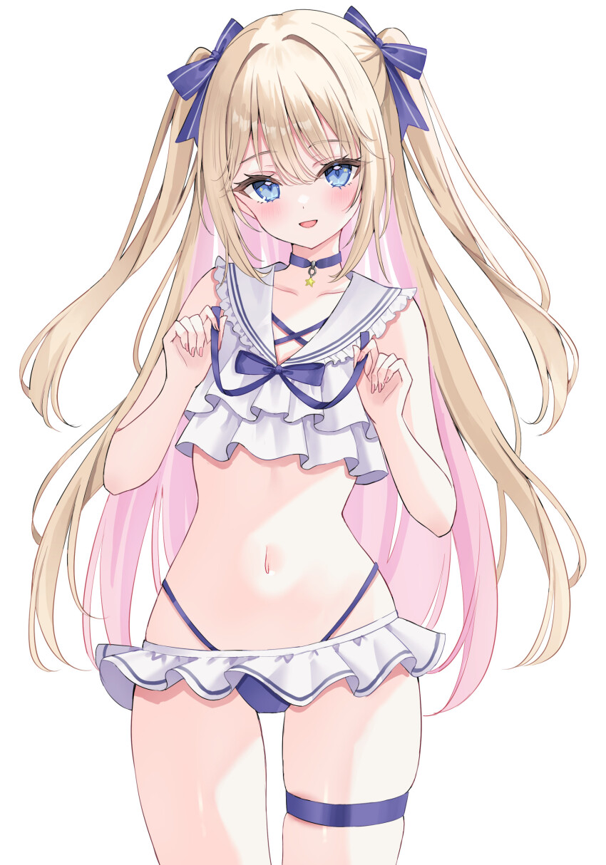 1girl, absurdres, bikini, blonde_hair, blue_bikini, blue_bow, blue_choker, blue_eyes