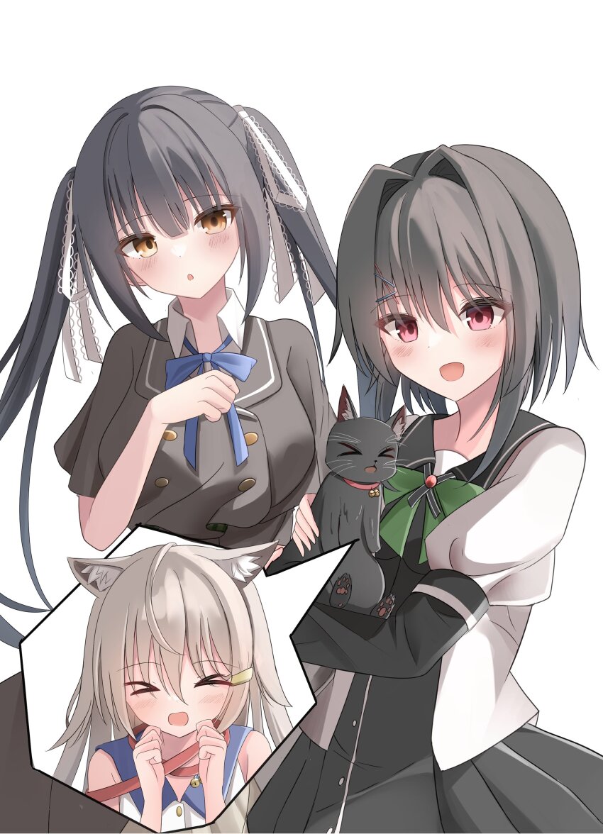 >_<, 3girls, 9-nine-, :d, :o, absurdres, animal, animal_ear_fluff