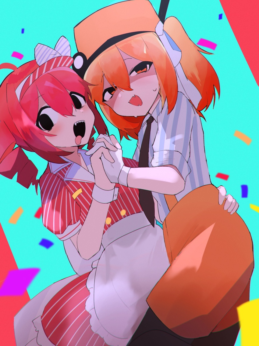 2girls, a.i._voice, adachi_rei, alternate_costume, apron, black_necktie, black_pantyhose, blue_bow