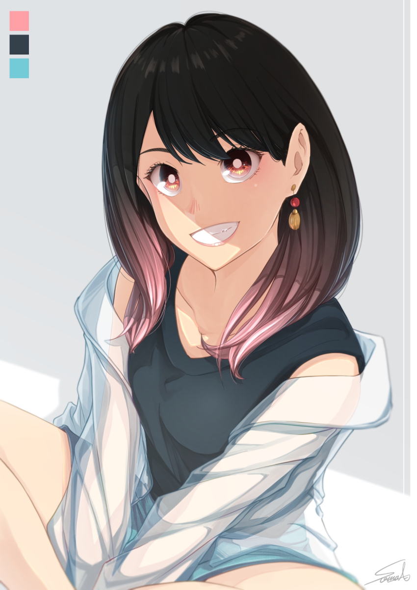 1girl, akane-banashi, black_hair, black_shirt, breasts, color_guide, earrings, gradient_hair
