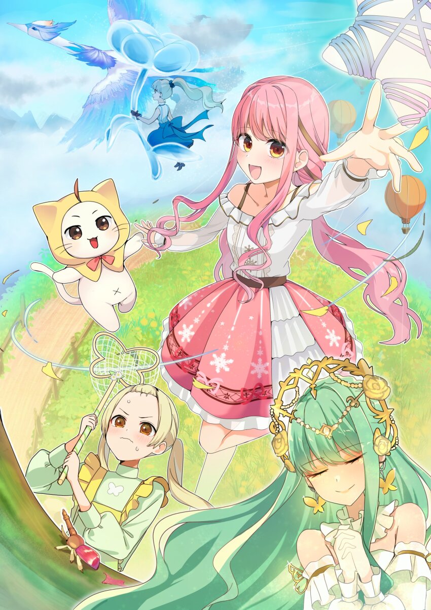 4girls, absurdres, afternoon_shine_(infinity_nikki), ahoge, aircraft, animal, animal_print, astral_swan_(infinity_nikki), back_bow, bangs_pinned_back, bare_arms, bare_shoulders, beetle, belt, bird, black_belt, black_boots, black_bow, black_gloves, blue_bow, blue_flower, blue_skirt, blue_sky, boots, bow, bowtie, bra_strap, brown_eyes, brown_ribbon, bug, butterfly_earrings, butterfly_net, butterfly_print, buttons, cat, center_frills, cloak, closed_mouth, clothed_animal, cloud, collar, collarbone, commentary_request, day, detached_collar, detached_sleeves, dot_nose, dress, ear_covers, earrings, fence, floating, floating_clothes, floating_hair, floral_memory_(infinity_nikki), flower, flying, forehead, frilled_collar, frilled_gloves, frilled_shirt, frilled_skirt, frilled_sleeves, frills, from_behind, frown, full_body, gloves, grass, green_hair, green_shirt, grey_hair, hair_bow, hair_flower, hair_intakes, hair_ornament, hair_ribbon, hand_net, happy, highres, holding, holding_butterfly_net, holding_plant, hood, hood_up, hooded_cloak, hot_air_balloon, infinity_nikki, insect, interlocked_fingers, jewelry, layered_skirt, leg_up, light_blush, long_hair, long_sleeves, low_twintails, making-of_available, manpukuman, medium_skirt, momo_(nikki), multiple_girls, nervous_sweating, nikki_(nikki), nikki_(series), off-shoulder_shirt, off_shoulder, open_mouth, outdoors, outline, outstretched_arm, overalls, oversized_flower, own_hands_clasped, own_hands_together, palms, path, petals, pink_hair, pink_skirt, plant, pleated_skirt, ponytail, puffy_long_sleeves, puffy_sleeves, red_bow, red_bowtie, ribbon, road, rose, see-through_clothes, see-through_sleeves, shirt, sidelocks, sitting, skirt, sky, sleeveless, sleeveless_shirt, smile, snowflake_print, star_(symbol), strapless, strapless_dress, swan, sweat, tress_ribbon, turtleneck, turtleneck_shirt, twintails, upper_body, v-shaped_eyebrows, very_long_hair, wavy_hair, whimstar_(infinity_nikki), whiskers, white_cat, white_collar, white_dress, white_outline, white_shirt, white_skirt, white_sleeves, wind, wishful_aurosa_(infinity_nikki), yarn, yellow_cloak, yellow_flower, yellow_overalls, yellow_rose