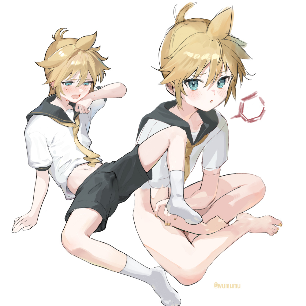 1boy, barefoot, black_pants, blonde_hair, blue_eyes, bulge, flustered, kagamine_len, legs, legs_apart, male_focus, pants, precum, precum_through_clothes, sailor_collar, shirt, shota, sitting, socks, sweat, sweatdrop, thighs, white_shirt, white_socks, wumumu