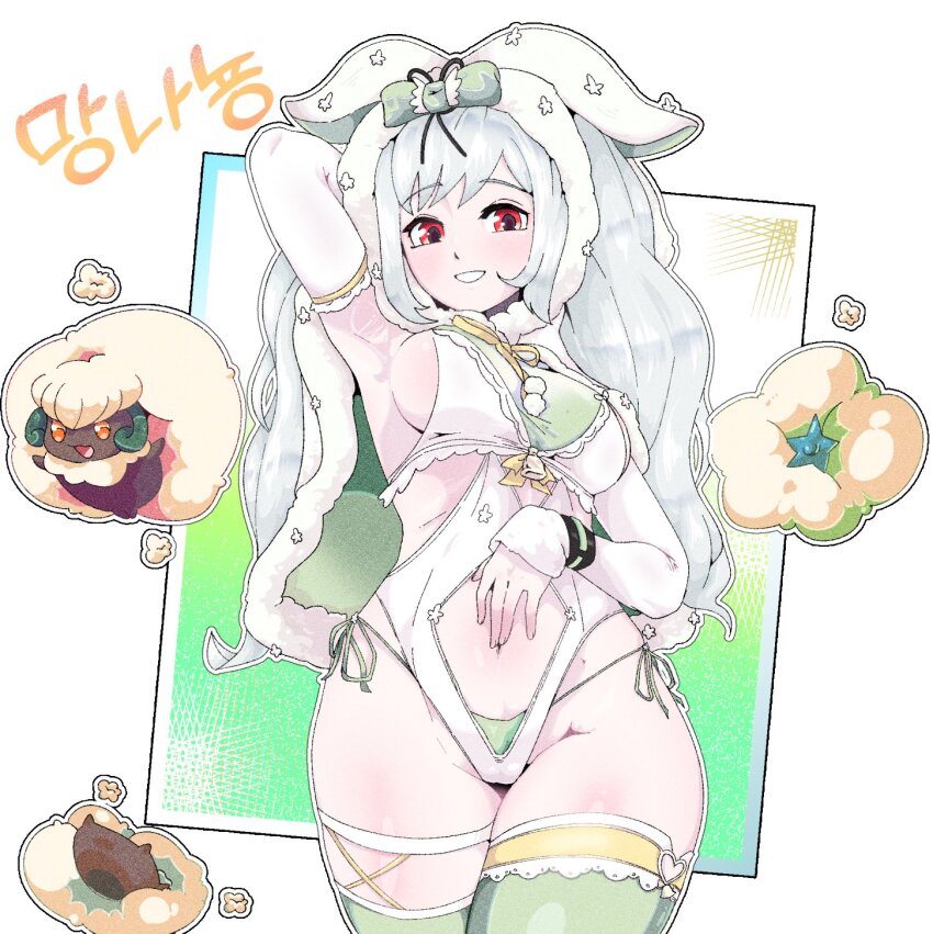 1girl, bow, bra, breasts, bridal_gauntlets, cotton_(plant), gen_5_pokemon, green_bow, green_panties, green_thighhighs, highres, long_hair, looking_at_viewer, navel, nintendo, original, panties, pokemon, pokemon_(creature), positibe, red_eyes, ribbon, simple_background, standing, thighhighs, underwear, upper_body, whimsicott, white_background, white_bra, white_bridal_gauntlets, white_hair, white_hood, yellow_ribbon