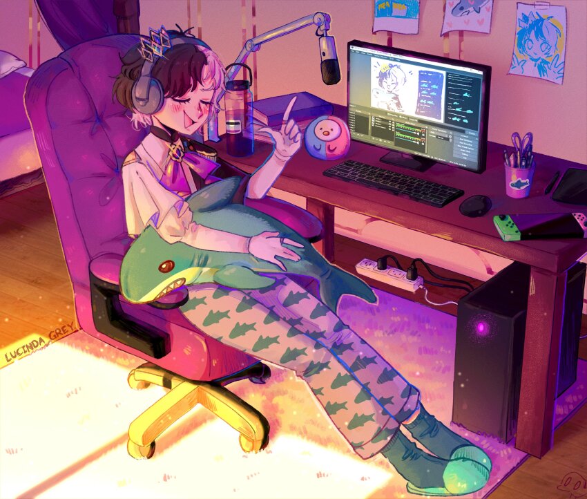 1girl, absurdres, alternate_costume, artist_name, bed, black_hair, black_shirt, blue_slippers, blue_socks, blush, book, bottle, chair, closed_eyes, commentary, computer, computer_keyboard, computer_mouse, computer_tower, crown, drawing_(object), electric_plug, english_commentary, eyelashes, glint, gloves, handheld_game_console, headphones, highres, chromashift, ikea_shark, index_finger_raised, indoors, jewelry, light_particles, lucinda_grey, microphone, mini_crown, monitor, multicolored_hair, nintendo_switch, office_chair, on_chair, open_mouth, pants, paper, pillow, power_strip, purple_hair, rin_penrose, ring, rug, scissors, scrunkly_(rin_penrose), shark_print, shirt, short_hair, sitting, slippers, smile, socks, solo, split-color_clothes, split-color_hair, stuffed_animal, stuffed_shark, stuffed_toy, swivel_chair, table, two-tone_hair, two-tone_shirt, virtual_youtuber, water_bottle, white_gloves, white_shirt, window_shadow, wireless_mouse, wooden_floor
