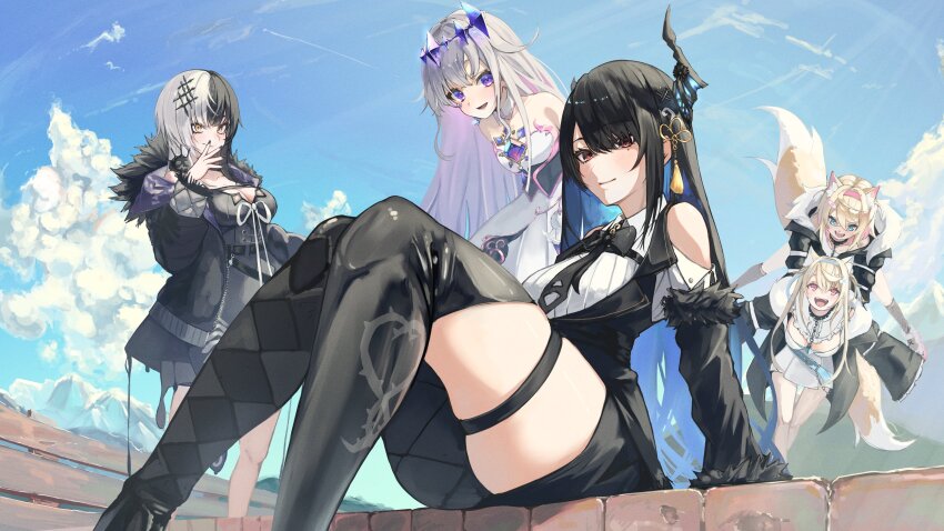 2ababa9, 5girls, absurdres, animal_collar, animal_ear_fluff, animal_ears, argyle_clothes, argyle_pantyhose, arm_support, asymmetrical_horns, asymmetrical_legwear, bandaid, bandaid_hair_ornament, belt, black_bow, black_bowtie, black_coat, black_collar, black_dress, black_hair, black_horns, black_jacket, black_nails, black_skirt, black_socks, black_thighhighs, blonde_hair, blue_belt, blue_eyes, blue_hair, blue_hairband, blue_sky, bow, bowtie, breasts, chest_jewel, clothing_cutout, cloud, coat, collar, colored_inner_hair, commentary_request, crossed_bangs, cumulonimbus_cloud, day, demon_horns, dog_ears, dog_girl, dog_tail, dress, feet_out_of_frame, fingernails, fishnet_socks, fishnets, fur-trimmed_coat, fur-trimmed_jacket, fur_trim, fuwawa_abyssgard, fuwawa_abyssgard_(1st_costume), gem, grey_hair, hair_between_eyes, hair_ornament, hairband, hand_up, headpiece, highres, holoadvent, hololive, hololive_english, horns, jacket, jewel_under_eye, kneehighs, koseki_bijou, koseki_bijou_(1st_costume), large_breasts, leap_frog, long_fingernails, long_hair, long_sleeves, looking_at_viewer, mismatched_legwear, mococo_abyssgard, mococo_abyssgard_(1st_costume), mole, mole_under_eye, mountain, multicolored_hair, multiple_girls, nail_polish, nerissa_ravencroft, nerissa_ravencroft_(1st_costume), open_clothes, open_coat, open_mouth, outdoors, outstretched_arms, parted_bangs, pink_eyes, pink_hair, pink_hairband, purple_eyes, purple_gem, purple_hair, red_eyes, shiori_novella, shiori_novella_(1st_costume), shirt, shoulder_cutout, siblings, single_leg_pantyhose, sisters, sitting, skindentation, skirt, sky, smile, socks, split-color_hair, spread_arms, standing, strapless, strapless_dress, streaked_hair, swept_bangs, tail, tareme, tassel, tassel_hair_ornament, thigh_strap, thighhighs, tsurime, twins, two-tone_hair, uneven_horns, very_long_hair, virtual_youtuber, white_dress, white_shirt, x_hair_ornament, yellow_eyes