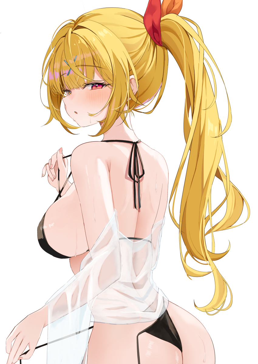 1girl, :o, absurdres, alternate_costume, ass, bare_shoulders, bikini, bikini_pull, bikini_top_pull, black_bikini, blonde_hair, blunt_bangs, blush, bow, breasts, chestnut_mouth, clothes_pull, commentary_request, cowboy_shot, fingernails, from_behind, hair_bow, hair_ornament, half-closed_eyes, heterochromia, high_ponytail, highres, hoshikawa_sara, large_breasts, long_hair, looking_at_viewer, looking_back, median_furrow, moku_yoi, nijisanji, parted_lips, ponytail, see-through_clothes, see-through_shirt, shirt, shirt_partially_removed, side-tie_bikini_bottom, sideboob, sidelocks, simple_background, solo, string_bikini, sweat, swimsuit, undressing, untied_bikini, virtual_youtuber, white_background, x_hair_ornament