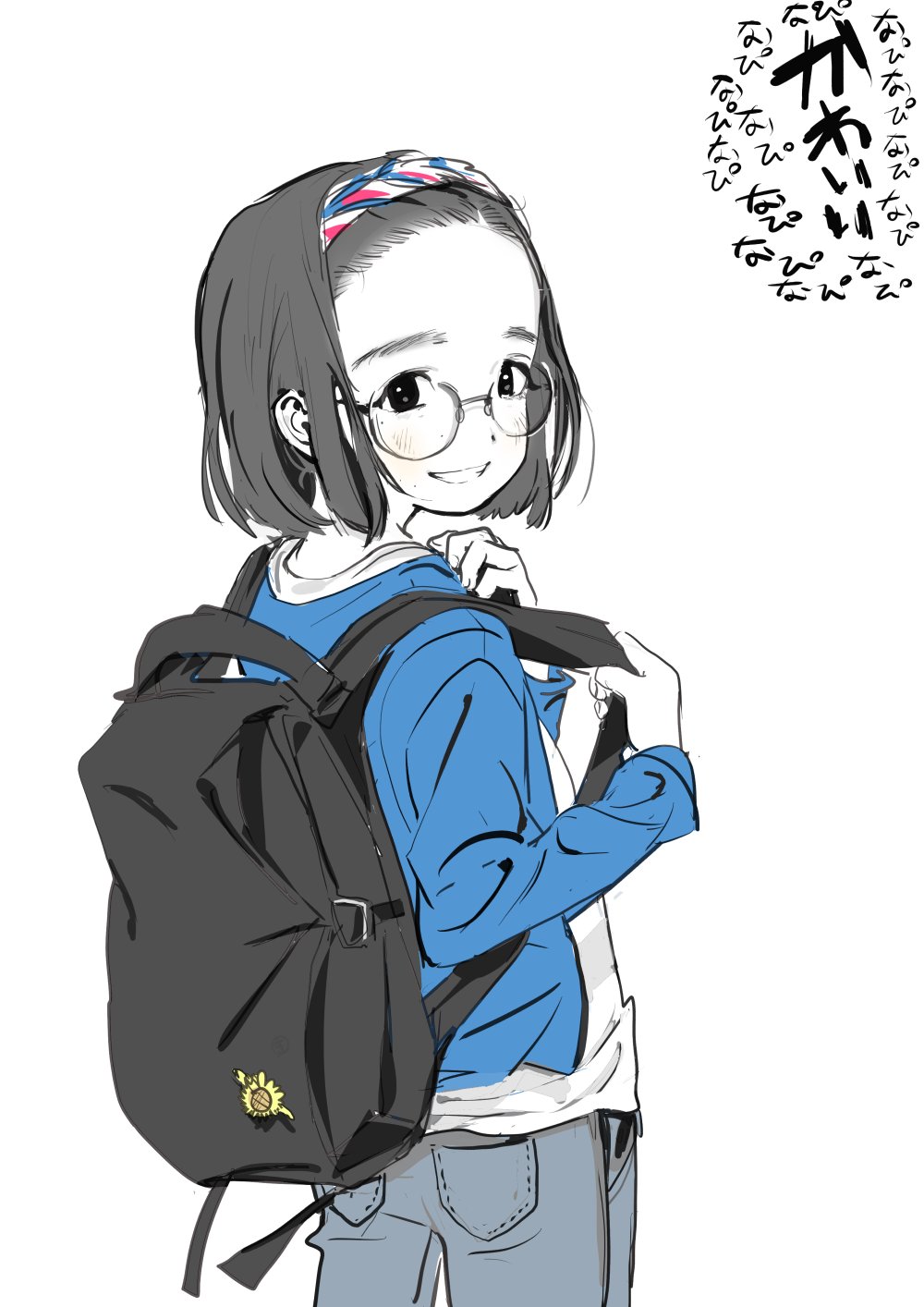 1girl, backpack, bag, blush, grin, hairband, haruse_natsumi, highres