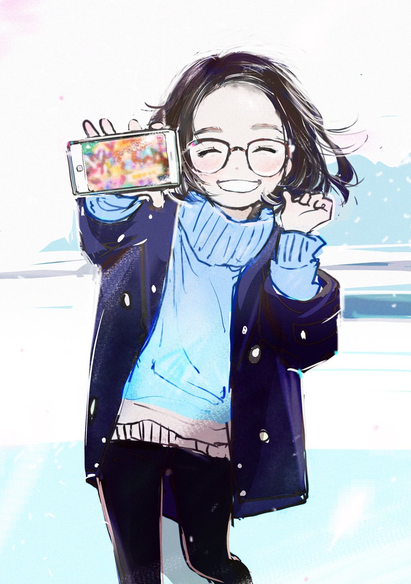 1girl, ^_^, blue_background, blue_theme, closed_eyes, coat, feet_out_of_frame, glasses