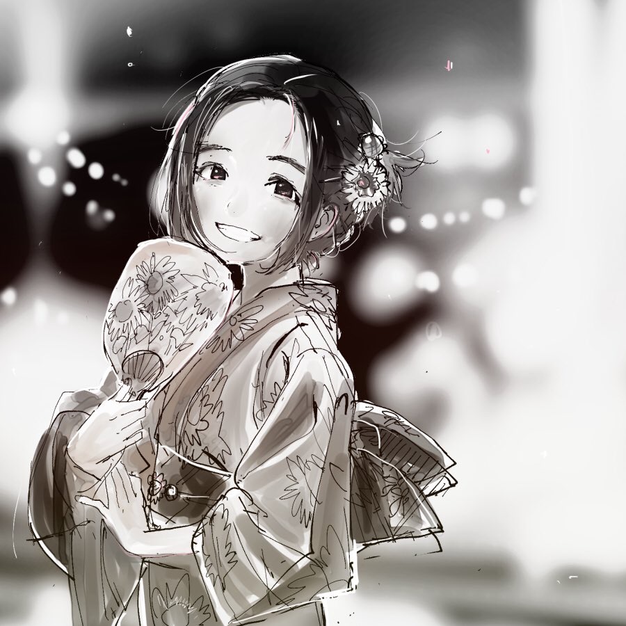 1girl, blurry, bokeh, depth_of_field, flower, from_side, greyscale, grin