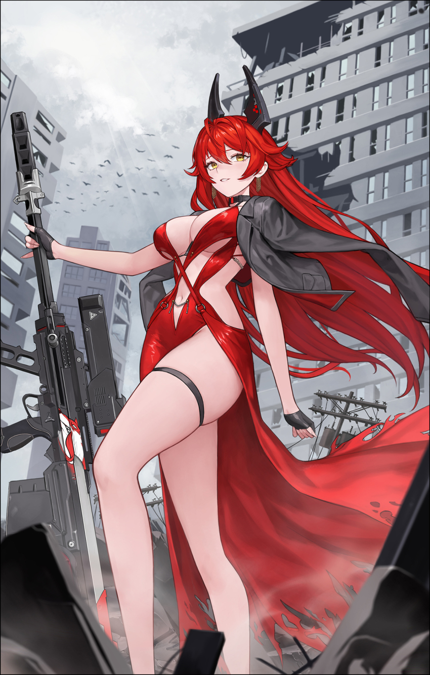 anti-materiel_rifle, barrett_m82a2, black_gloves, blush, breasts, bullpup, cleavage, dress