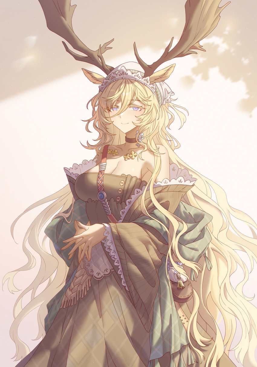 1girl, absurdres, animal_ears, antlers, arknights, bare_shoulders, bell, black_choker