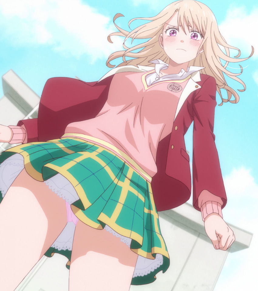 anime_screenshot, blonde_hair, blush, breasts, collarbone, frown, green_skirt, highres