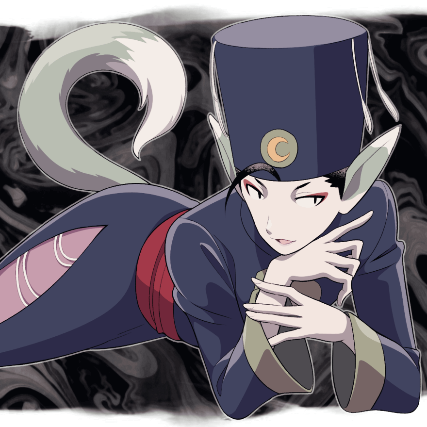 1boy, ahoge, black_hair, breath_of_fire, breath_of_fire_iv, crescent, eyeshadow, hat