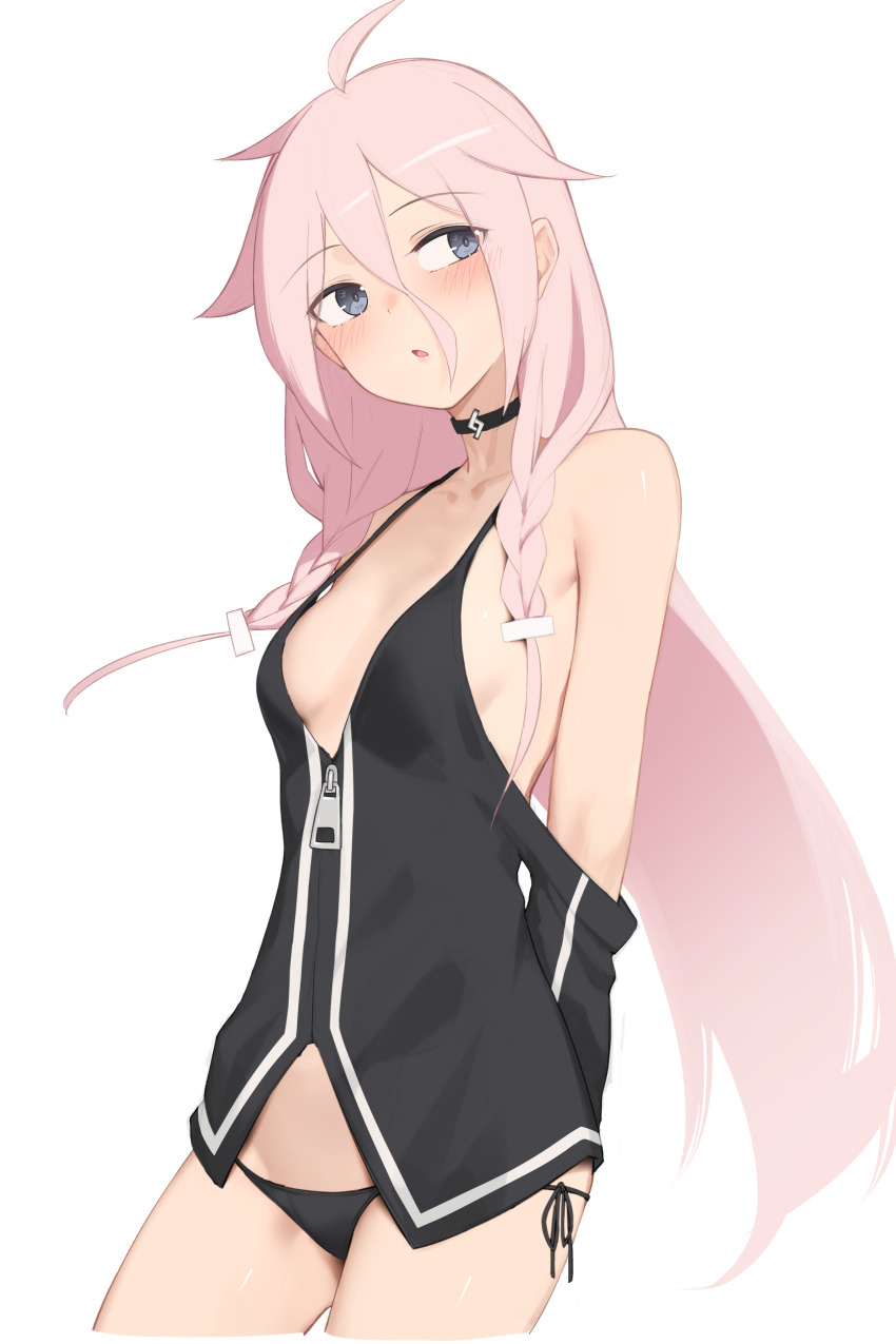 1girl, absurdres, ahoge, bare_shoulders, black_panties, blue_eyes, blush, breasts