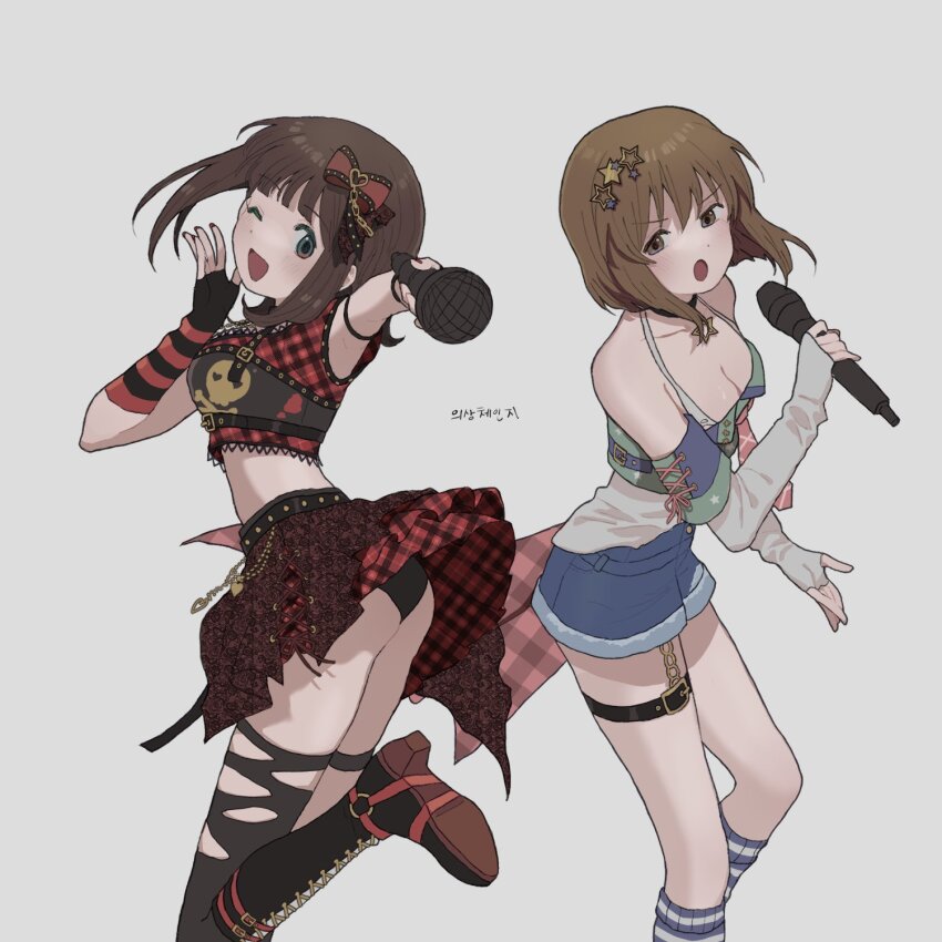 2girls, 8_8ghost, amami_haruka, arm_warmers, ass, bare_shoulders, black_boots, black_choker