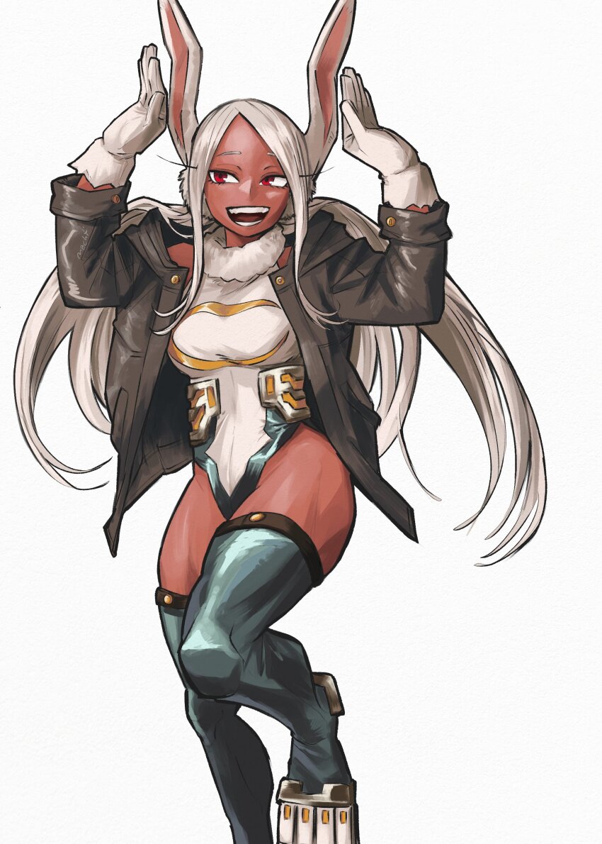 1girl, :d, absurdres, animal_ears, arms_up, black_jacket, boku_no_hero_academia, commentary