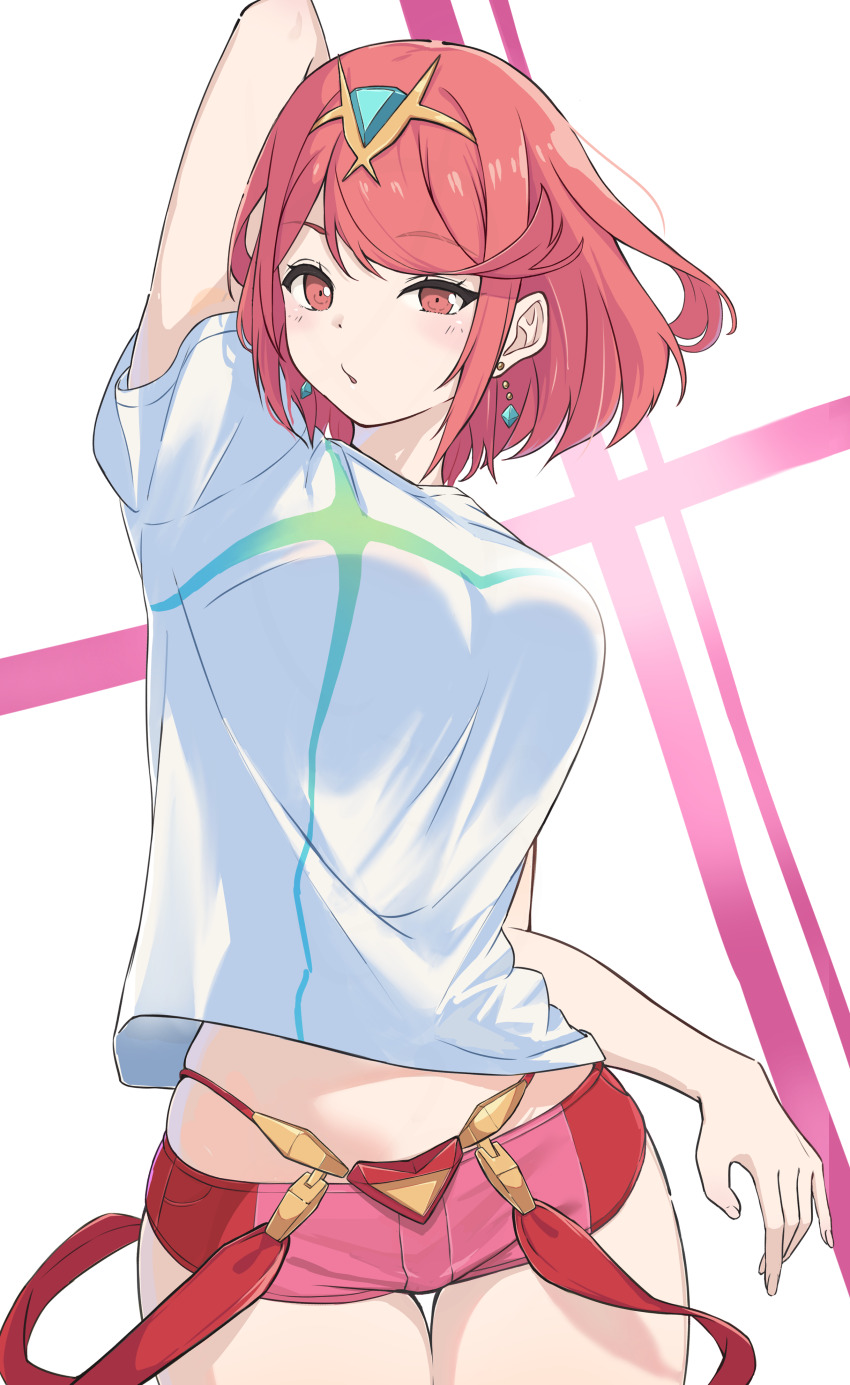1girl, absurdres, aoi_momiji, arm_behind_head, bob_cut, breasts, commentary_request, cowboy_shot, earrings, gem, green_gem, highres, jewelry, large_breasts, looking_at_viewer, midriff_peek, parted_lips, partial_commentary, pyra_(xenoblade), red_eyes, red_hair, red_shorts, shirt, short_hair, short_shorts, short_sleeves, shorts, solo, standing, suspenders_hanging, swept_bangs, tiara, white_background, white_shirt, xenoblade_chronicles_(series), xenoblade_chronicles_2