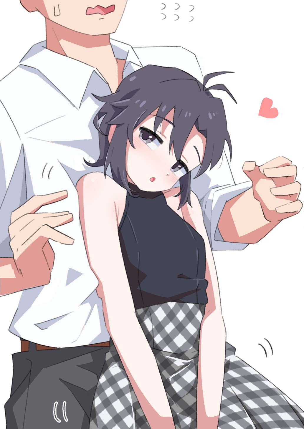 1boy, 1girl, :o, antenna_hair, bare_arms, bare_shoulders, black_eyes, black_hair, blush, breasts, checkered_clothes, checkered_skirt, collared_shirt, heart, hetero, highres, idolmaster, idolmaster_(classic), idolmaster_million_live!, idolmaster_million_live!_theater_days, kikuchi_makoto, long_skirt, my_only_fair_lady_(idolmaster), ohgi910, open_mouth, pants, producer_(idolmaster), shirt, short_hair, simple_background, skirt, sleeveless, sleeveless_turtleneck, sweatdrop, turtleneck, wavy_mouth, white_background, white_shirt