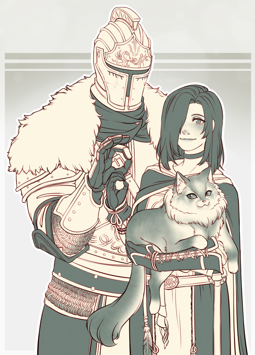 1girl, 1other, animal, armor, bearer_of_the_curse, cat, cowboy_shot, crashappy