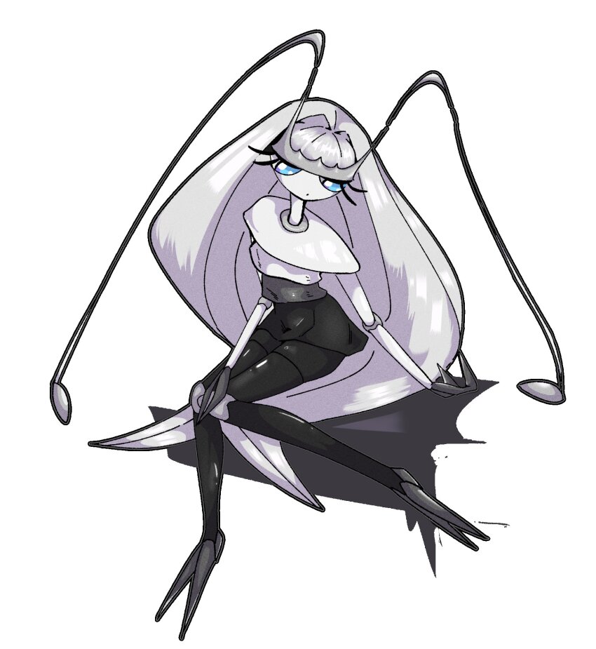 1girl, alternate_color, antennae, arthropod_girl, blue_eyes, closed_mouth, colored_skin, dot_mouth