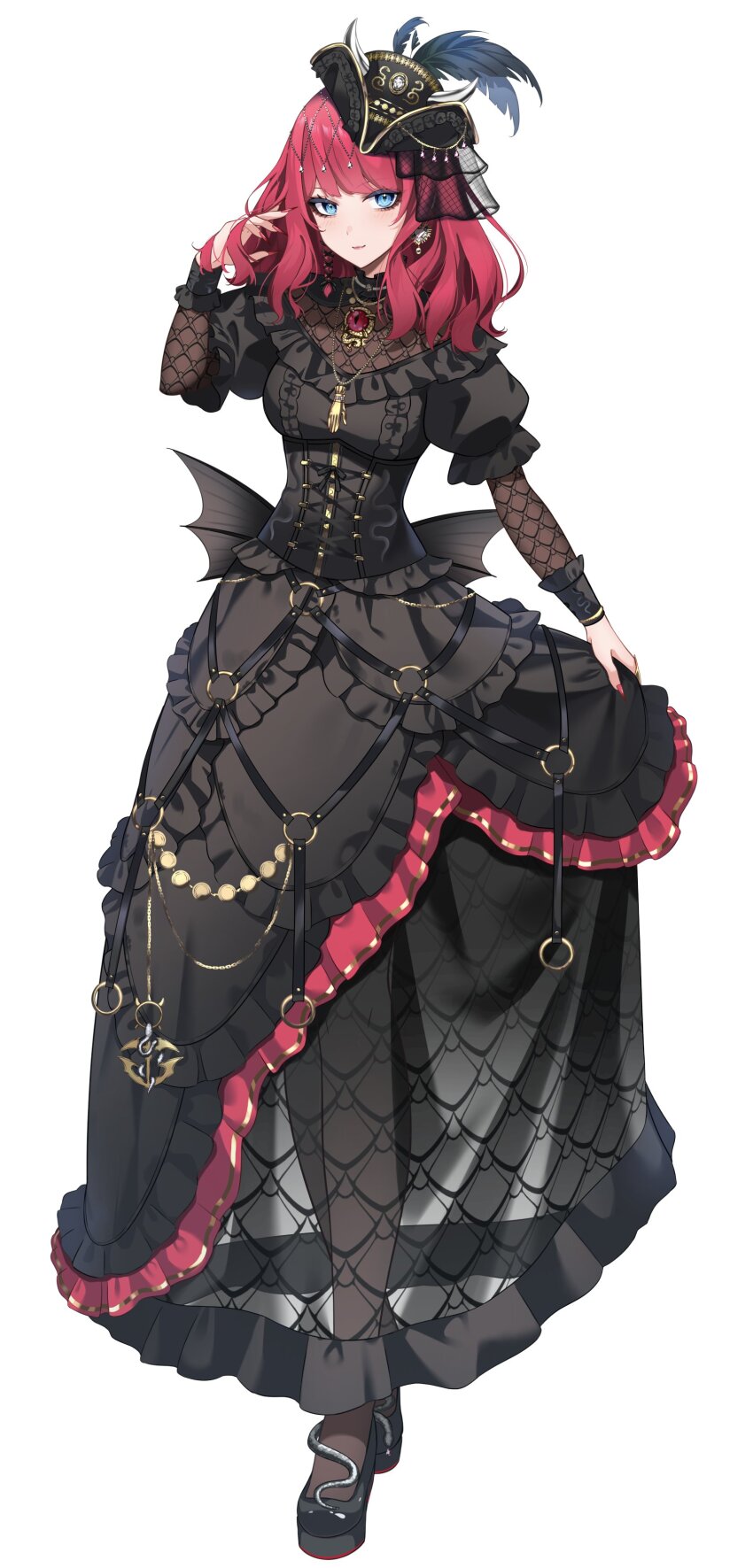 1girl, absurdres, adjusting_hair, akatsuki_hotaru, black_dress, black_hat, black_pantyhose, black_shoes