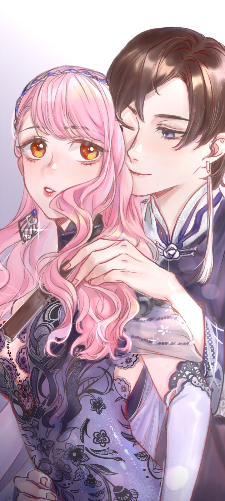 1boy, 1girl, bead_necklace, beads, binglanxianqi, blue_hanfu, breasts, brown_hair