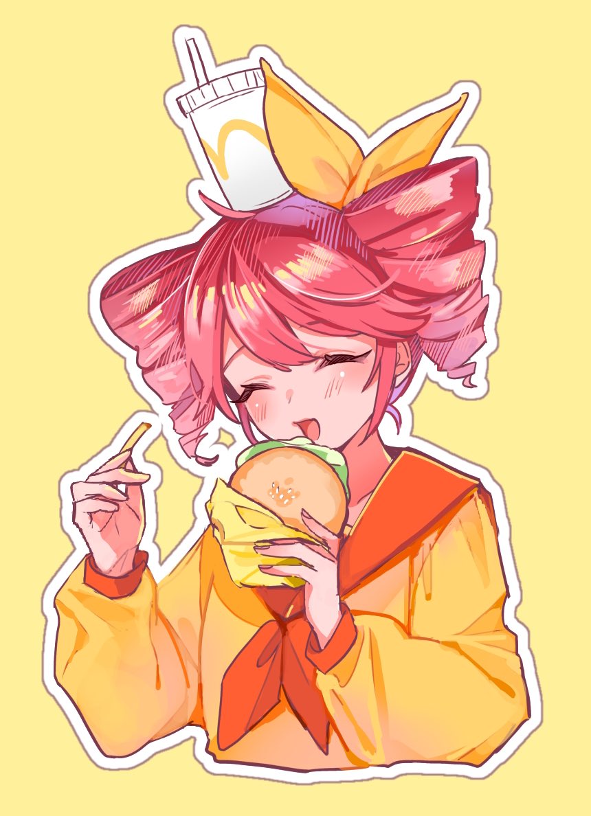 1girl, blush, bow, bread, burger, closed_eyes, cropped_torso, cup