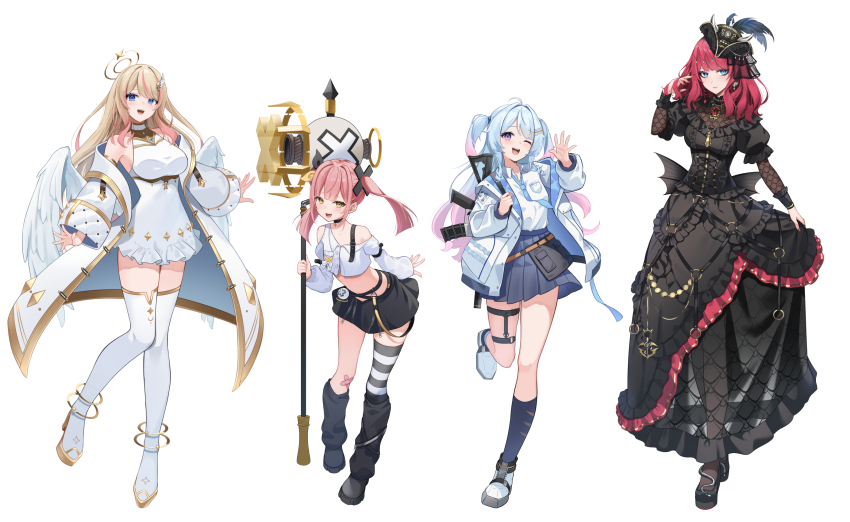 4girls, ;d, adjusting_hair, ahoge, akatsuki_hotaru, angel, angel_wings, ar-15