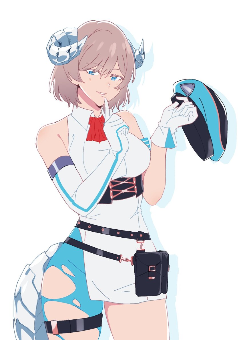 1girl, belt, blue_eyes, breasts, fake_horns, fake_tail, gloves, grey_hair