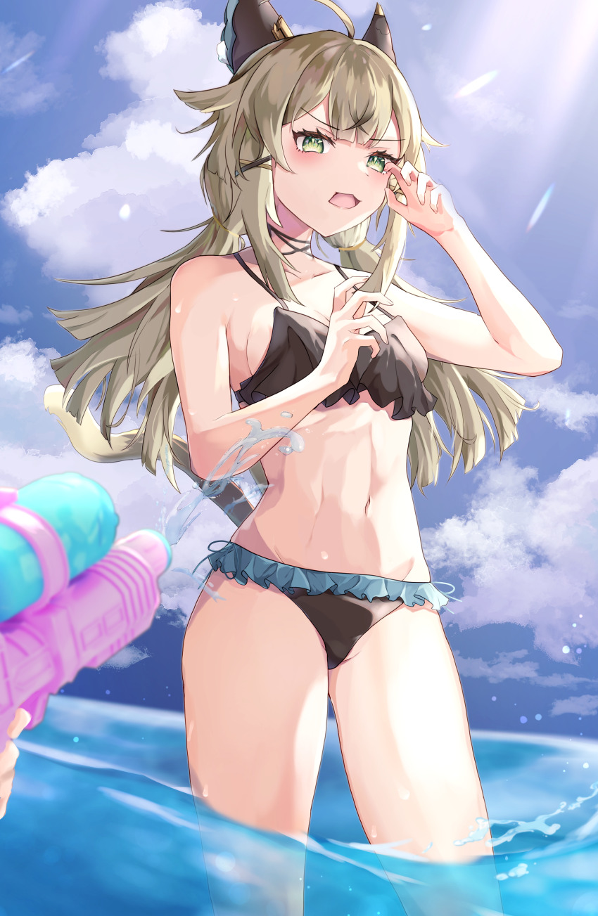 1girl, 1other, absurdres, ahoge, animal_ears, bare_arms, bare_shoulders, bikini, black_bikini, blue_sky, cat_ears, cloud, commentary_request, cowboy_shot, day, genshin_impact, green_eyes, grey_hair, haneshuu_rie, highres, kirara_(genshin_impact), long_hair, looking_at_viewer, navel, open_mouth, outdoors, revision, sky, solo_focus, standing, stomach, sunlight, swimsuit, thighs, wading, water, water_gun