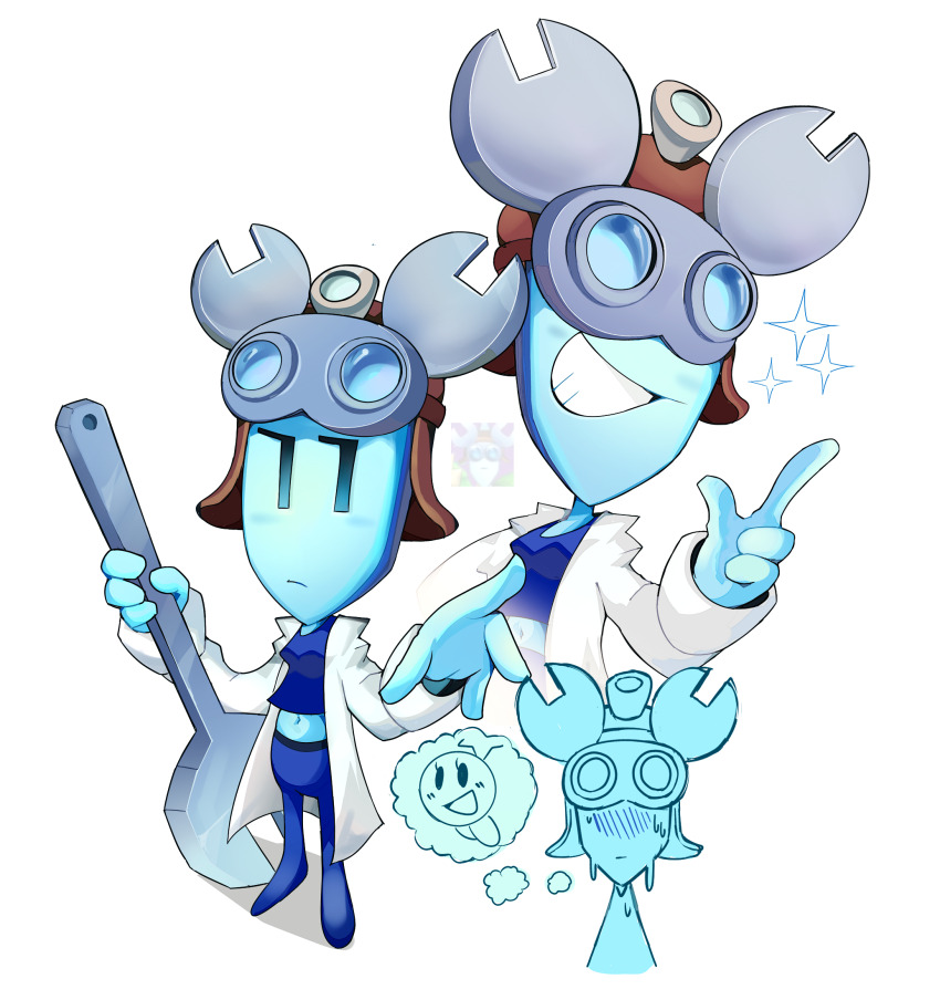 2025, 2girls, blue_eyes, blue_pants, blue_shirt, blue_skin, blush, breasts