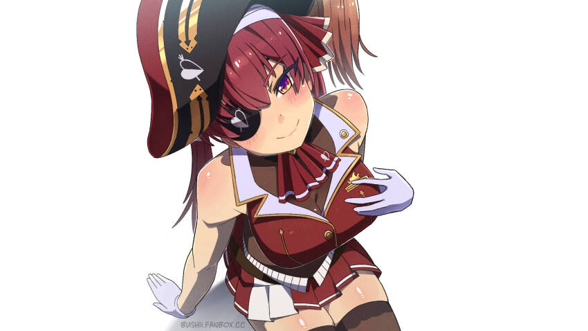 1girl, black_hat, black_thighhighs, blush, breasts, bushii_(bo0xhy), cleavage, closed_mouth