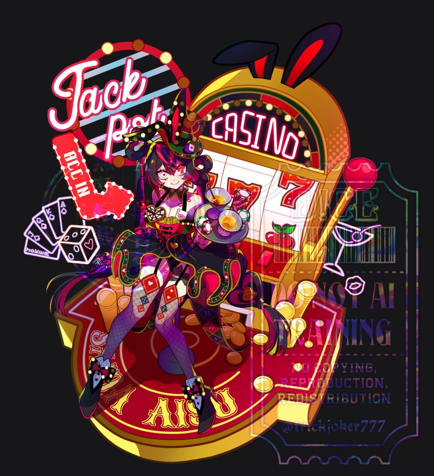 1girl, 7_(number), ace_(playing_card), animal_ears, arrow_(symbol), artist_name, banknote, black_background