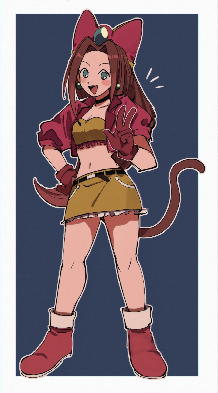 1girl, :d, absurdres, belt, blush_stickers, brown_hair, brown_tail, commentary