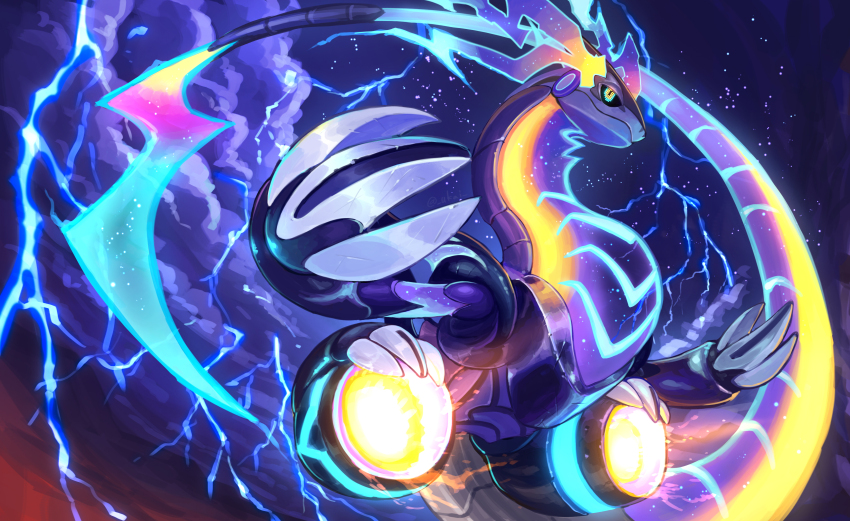 absurdres, black_sclera, claws, closed_mouth, cloud, colored_sclera, commentary_request, electricity