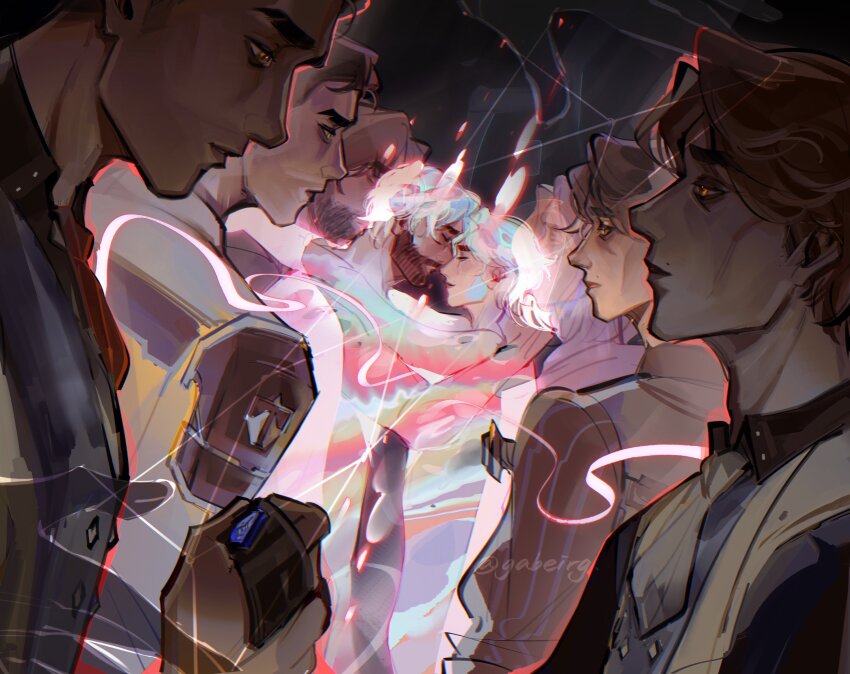 2boys, absurdres, arcane:_league_of_legends, arcane_jayce, arcane_savior_viktor, arcane_survivor_jayce, artist_name, beard, brown_eyes, brown_hair, closed_mouth, couple, dark-skinned_male, dark_skin, eye_contact, facial_hair, from_side, gabe_(gabeirg), highres, hug, interracial, jayce_(league_of_legends), league_of_legends, looking_at_another, male_focus, multiple_boys, multiple_persona, noses_touching, official_alternate_costume, short_hair, upper_body, v-shaped_eyebrows, viktor_(arcane), viktor_(league_of_legends), yaoi