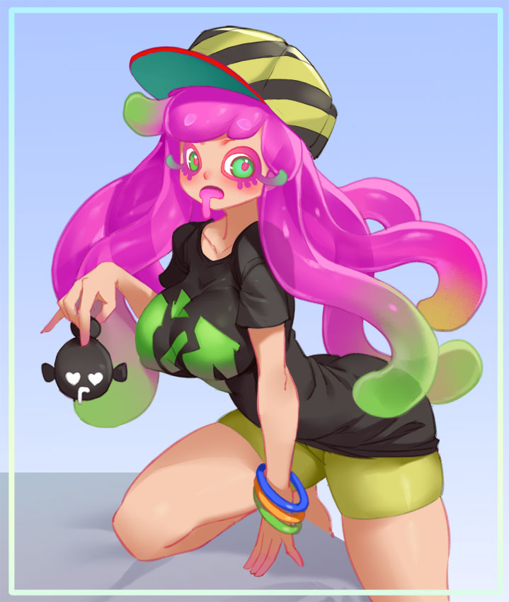 1girl, animal, arched_back, armband, baseball_cap, bike_shorts, black_fish, black_shirt, breasts, colored_eyelashes, commentary, cowboy, drooling, english_commentary, fish, gradient_background, gradient_hair, green_armband, green_eyes, harmony_(splatoon), hat, heart, heart-shaped_eyes, holding, holding_animal, holding_fish, large_breasts, little123blood, looking_at_viewer, mouth_drool, multicolored_hair, multicolored_hat, nintendo, on_one_knee, open_mouth, pale_skin, pink_hair, shirt, short_sleeves, shorts, simple_background, skindentation, solo_focus, splatoon_(series), striped_hat, see-through_hair, western, white_eyes, yellow_armband, yellow_shorts